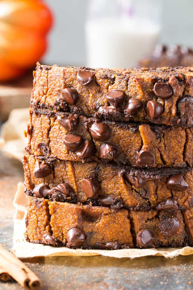 This paleo pumpkin bread is perfectly soft, tender, moist and full of sweet spices and dark chocolate chips.  It's made with coconut flour, grain free, dairy free and nut free.  Kid approved too and great for after school snacks and even breakfast!