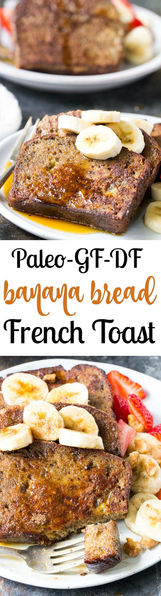 This Banana Bread French Toast is pure paleo breakfast comfort food!  Made with a hearty banana-sweetened grain free and paleo banana bread, it's perfect for a weekend breakfast treat when you're craving something indulgent.  Gluten free, dairy free, refined-sugar free.