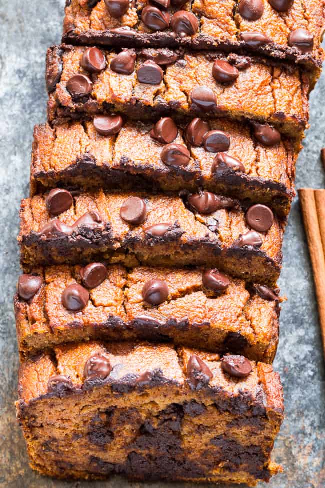 This paleo pumpkin bread is perfectly soft, tender, moist and full of sweet spices and dark chocolate chips.  It's made with coconut flour, grain free, dairy free and nut free.  Kid approved too and great for after school snacks and even breakfast!