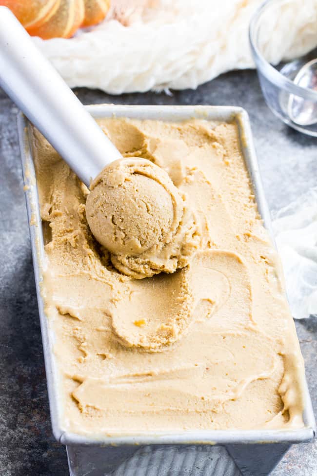 This Pumpkin Pie Paleo & Vegan Ice Cream is the perfect healthy pumpkin treat to make when you start craving all the sweet flavors of fall!  It's creamy, sweet and perfectly spiced - just like a pumpkin pie in ice cream form.  My kids couldn't get enough!  Paleo, dairy-free, vegan, egg free and easy to make.  