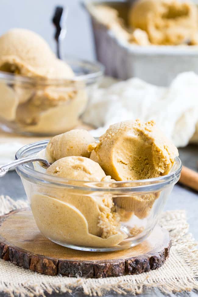 This Pumpkin Pie Paleo & Vegan Ice Cream is the perfect healthy pumpkin treat to make when you start craving all the sweet flavors of fall!  It's creamy, sweet and perfectly spiced - just like a pumpkin pie in ice cream form.  My kids can't get enough!  Paleo, dairy-free, vegan, egg free and easy to make. 