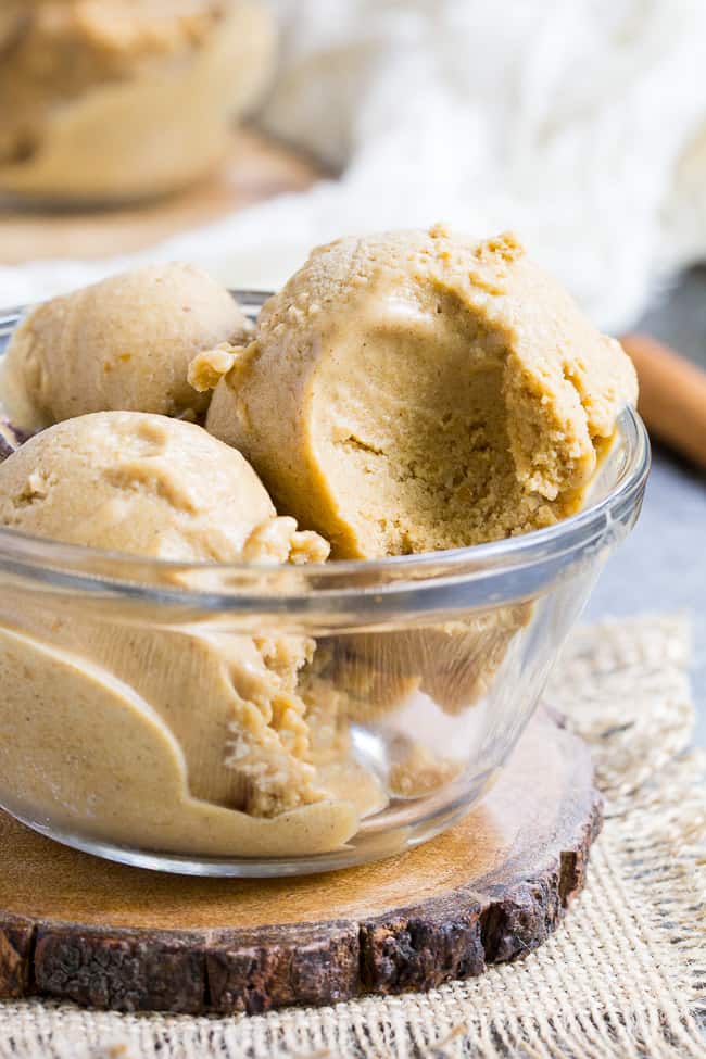 This Pumpkin Pie Paleo & Vegan Ice Cream is the perfect healthy pumpkin treat to make when you start craving all the sweet flavors of fall!  It's creamy, sweet and perfectly spiced - just like a pumpkin pie in ice cream form.  My kids can't get enough!  Paleo, dairy-free, vegan, egg free and easy to make. 