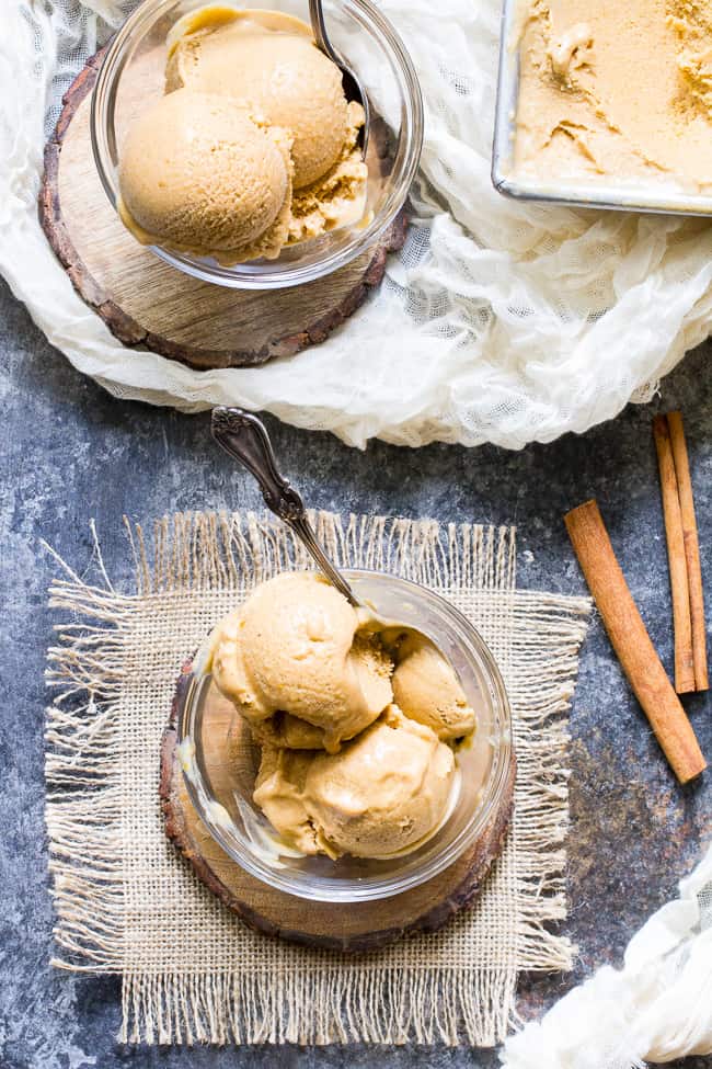 This Pumpkin Pie Paleo & Vegan Ice Cream is the perfect healthy pumpkin treat to make when you start craving all the sweet flavors of fall!  It's creamy, sweet and perfectly spiced - just like a pumpkin pie in ice cream form.  My kids can't get enough!  Paleo, dairy-free, vegan, egg free and easy to make. 