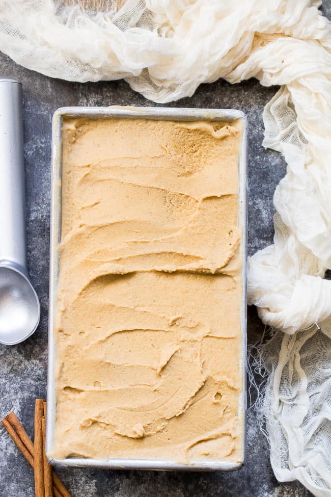 This Pumpkin Pie Paleo & Vegan Ice Cream is the perfect healthy pumpkin treat to make when you start craving all the sweet flavors of fall!  It's creamy, sweet and perfectly spiced - just like a pumpkin pie in ice cream form.  My kids couldn't get enough!  Paleo, dairy-free, vegan, egg free and easy to make.  