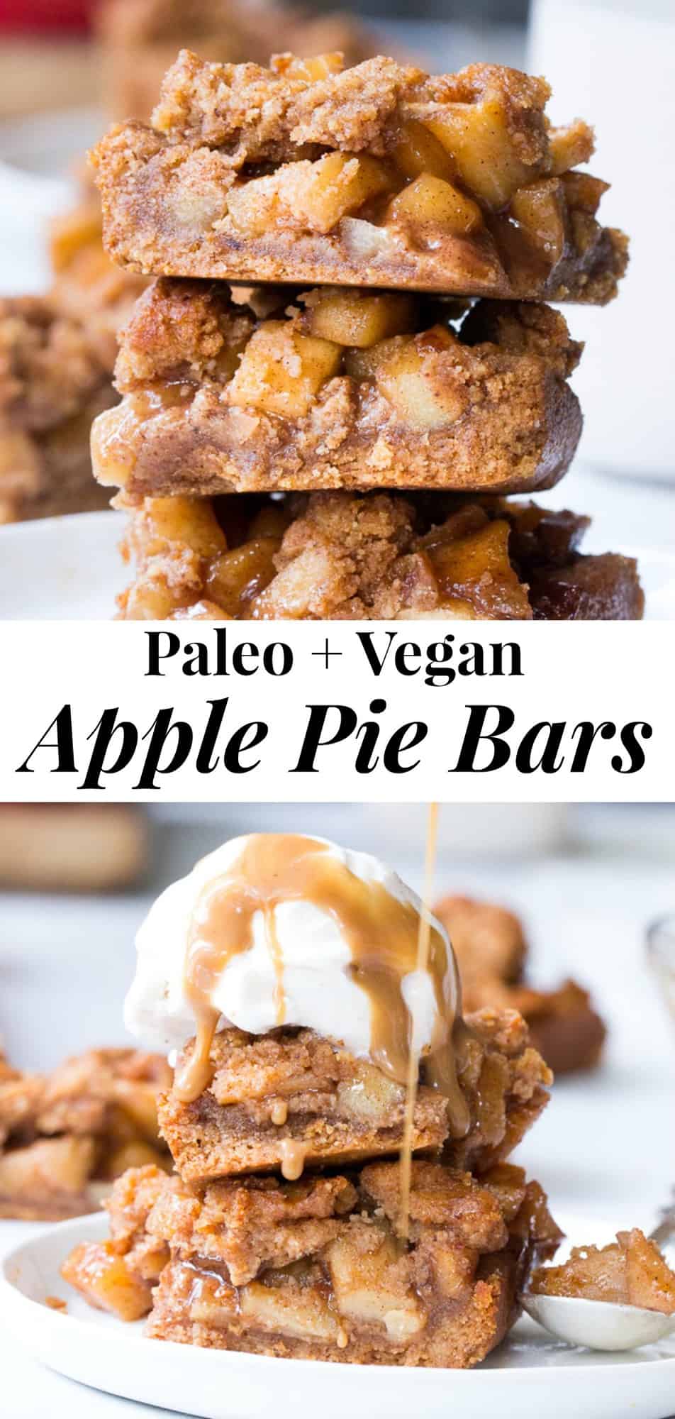 These vegan and Paleo apple pie bars have a delicious almond butter crust and crumb top and perfect gooey sweet apple pie filling!  They're a fun healthy dessert to make and eat with kids, gluten-free, dairy-free, paleo and vegan.  #paleo #vegan #glutenfree 