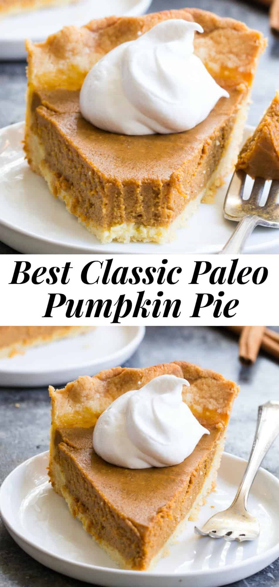 This classic Paleo Pumpkin Pie is just as delicious as any traditional pie you’ve made! A buttery, flaky paleo pie crust is filled with creamy dairy free pumpkin custard and baked to perfection for a delectable holiday dessert. Great with coconut whipped cream, gluten free, grain free, family approved! #paleo #cleaneating #glutenfree #pumpkinpie #thanksgiving 