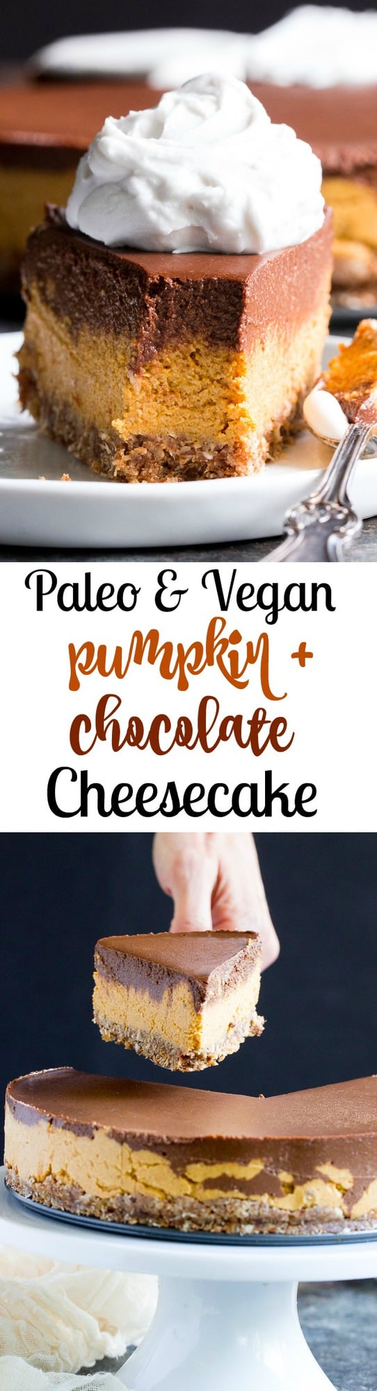 This no-bake chocolate pumpkin cashew cheesecake is a deliciously rich and creamy dessert for the holidays or any special occasion!  Two decadent vegan cheesecake layers are poured over a pecan, coconut and date crust and chilled to silky smooth perfection.  Paleo, vegan, dairy-free, gluten-free and family approved!