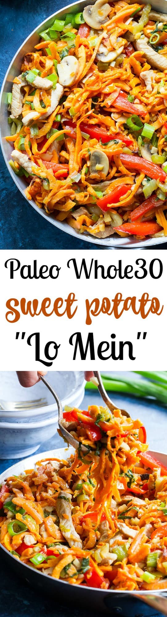 This paleo and Whole30 spin on veggie and pork lo mein uses sweet potato noodles for a delicious real-food meal packed with the traditional flavors of garlic, sesame and ginger.  High in protein, fiber, and healthy fats for a filling lunch or dinner that's grain free, soy free, gluten-free and paleo! 