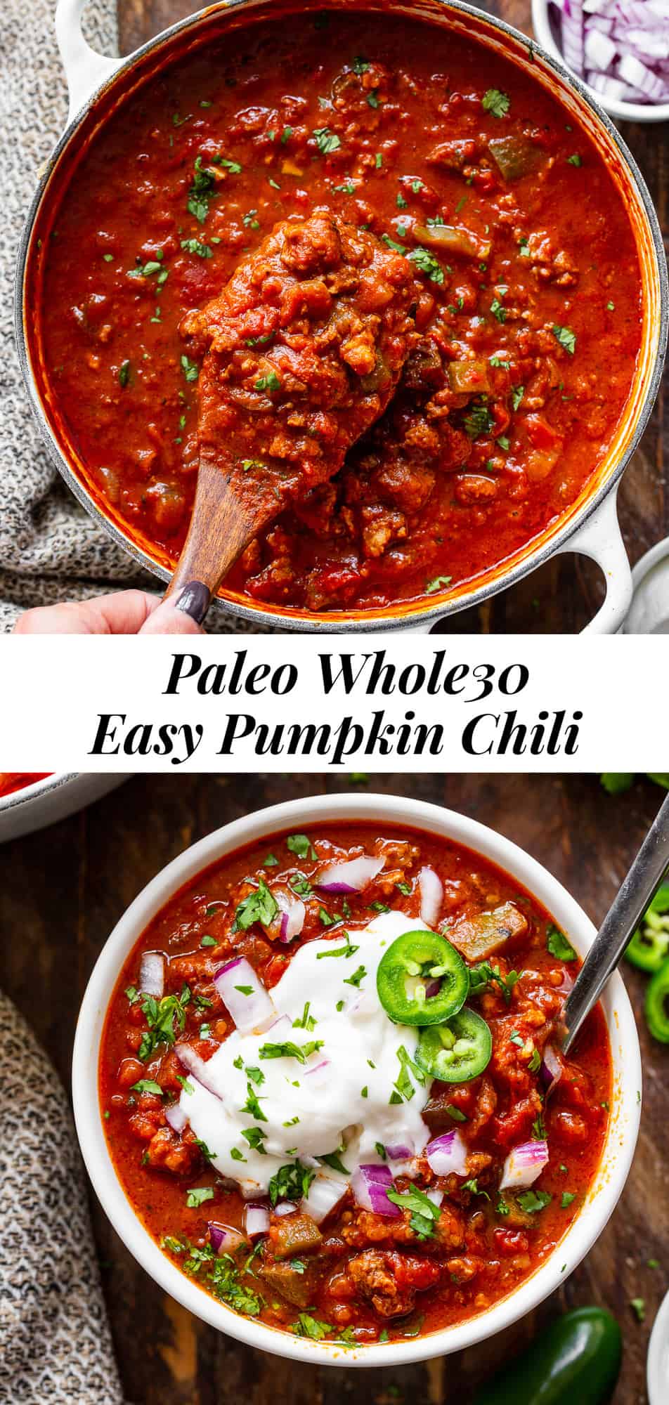 This one pot easy paleo pumpkin chili can be made with beef or your favorite ground meat and is ready in 30 minutes! It's a hearty, comforting, healthy Paleo and Whole30 meal that everyone will love, even the kids!  #paleo #whole30 #cleaneating #pumpkin #pumpkinchili