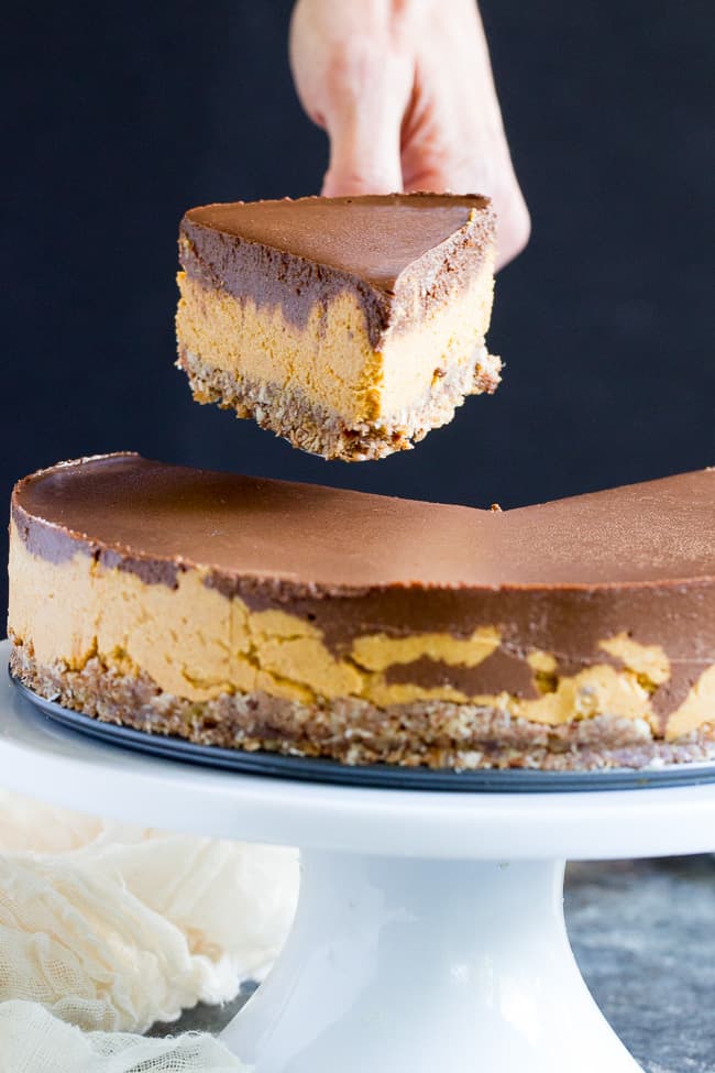 This no-bake chocolate pumpkin cashew cheesecake is a deliciously rich and creamy dessert for the holidays or any special occasion!  Two decadent vegan cheesecake layers are poured over a pecan, coconut and date crust and chilled to silky smooth perfection.  Paleo, vegan, dairy-free, gluten-free and family approved!