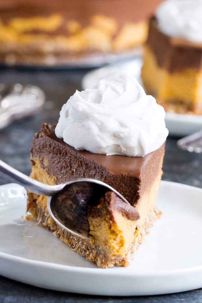 This no-bake chocolate pumpkin cashew cheesecake is a deliciously rich and creamy dessert for the holidays or any special occasion!  Two decadent vegan cheesecake layers are poured over a pecan, coconut and date crust and chilled to silky smooth perfection.  Paleo, vegan, dairy-free, gluten-free and family approved!