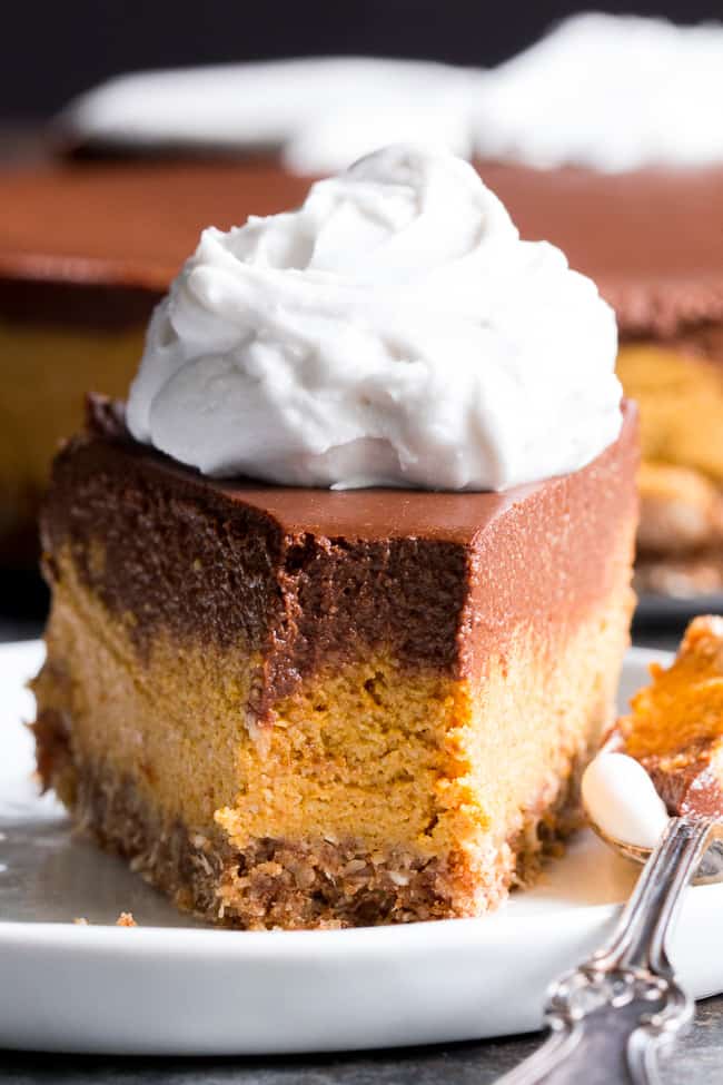 This no-bake chocolate pumpkin cashew cheesecake is a deliciously rich and creamy dessert for the holidays or any special occasion!  Two decadent vegan cheesecake layers are poured over a pecan, coconut and date crust and chilled to silky smooth perfection.  Paleo, vegan, dairy-free, gluten-free and family approved!