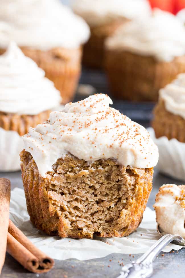 These Paleo Pumpkin Cupcakes are soft, moist, sweet, perfectly spiced, and topped with a dairy-free maple cinnamon "cream cheese" frosting!  These healthy grain free sweet treats are easy to make, great for kids and perfect for autumn.  