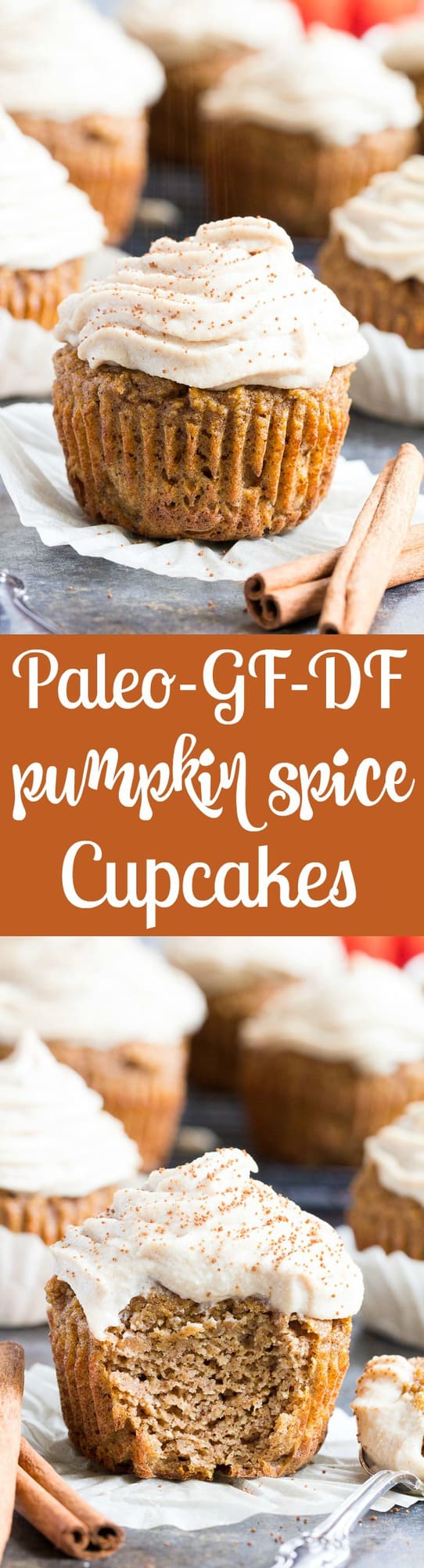These Paleo Pumpkin Cupcakes are soft, moist, sweet, perfectly spiced, and topped with a dairy-free maple cinnamon "cream cheese" frosting!  These healthy grain free sweet treats are easy to make, great for kids and perfect for fall and winter.  