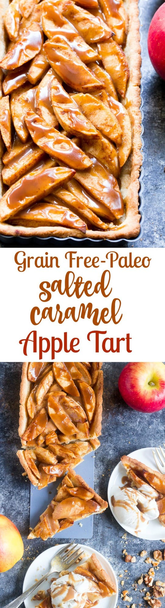 This gorgeous salted caramel apple tart is an irresistible fall dessert and easier than you think!  It begins with a buttery grain free pastry crust filled with juicy apples and topped with an easy dairy free salted caramel sauce.  Gluten free, grain free, dairy-free option, paleo, and family approved!