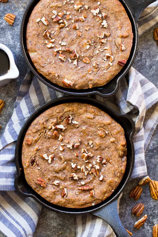 This healthy paleo and vegan banana breakfast bake is loaded with maple flavor, cinnamon and hearty pecans for a sweet satisfying breakfast treat.  Gluten free, dairy free, egg free, refined sugar free, oil free and kid approved!