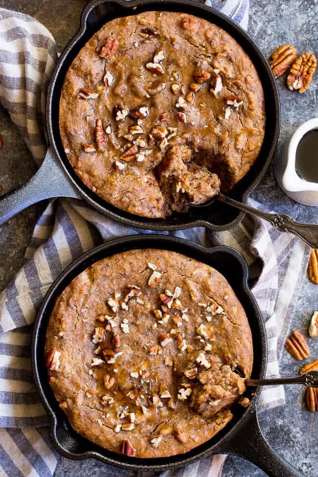 This healthy paleo and vegan banana breakfast bake is loaded with maple flavor, cinnamon and hearty pecans for a sweet satisfying breakfast treat.  Gluten free, dairy free, egg free, refined sugar free, oil free and kid approved!