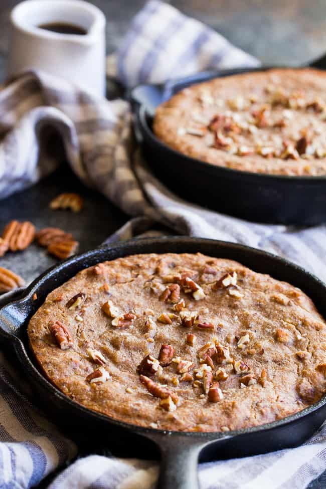 This healthy paleo and vegan banana breakfast bake is loaded with maple flavor, cinnamon and hearty pecans for a sweet satisfying breakfast treat.  Gluten free, dairy free, egg free, refined sugar free, oil free and kid approved!