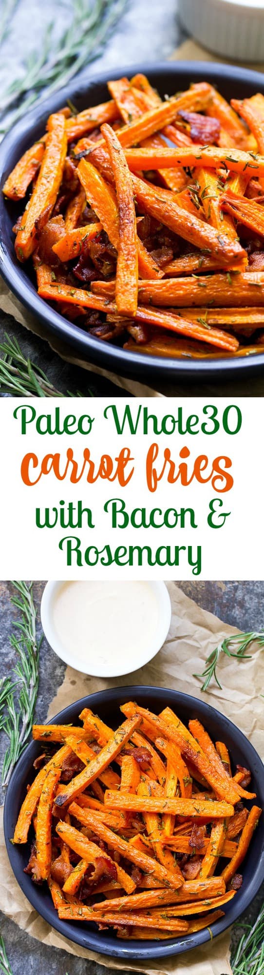These carrot fries are roasted to crispy perfection with rosemary and tossed with savory crumbled bacon for a fun and healthy appetizer, snack or side dish! Paleo, Whole30 compliant and low carb.