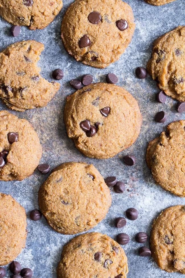 These simple coconut flour chocolate chip cookies are soft, cake-like and packed with chocolate!  They're grain free, nut free, dairy free, easy to make and irresistible!   Gluten-free, Paleo friendly and kid approved.