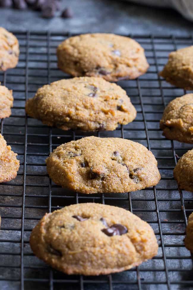 These simple coconut flour chocolate chip cookies are soft, cake-like and packed with chocolate!  They're grain free, nut free, dairy free, easy to make and irresistible!   Gluten-free, Paleo friendly and kid approved.
