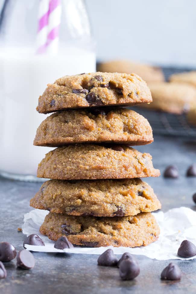 These simple coconut flour chocolate chip cookies are soft, cake-like and packed with chocolate!  They're grain free, nut free, dairy free, easy to make and irresistible!   Gluten-free, Paleo friendly and kid approved.