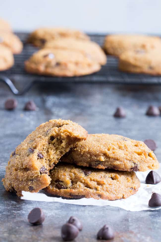 These simple coconut flour chocolate chip cookies are soft, cake-like and packed with chocolate!  They're grain free, nut free, dairy free, easy to make and irresistible!   Gluten-free, Paleo friendly and kid approved.