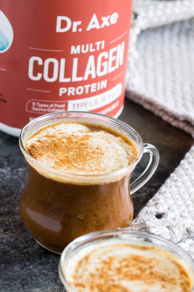 This easy homemade paleo pumpkin spice latte is dairy-free and naturally sweetened with medjool dates.  Add collagen protein for a healthy boost to this cozy and festive latte! #AD #axecollagen @drjoshaxe