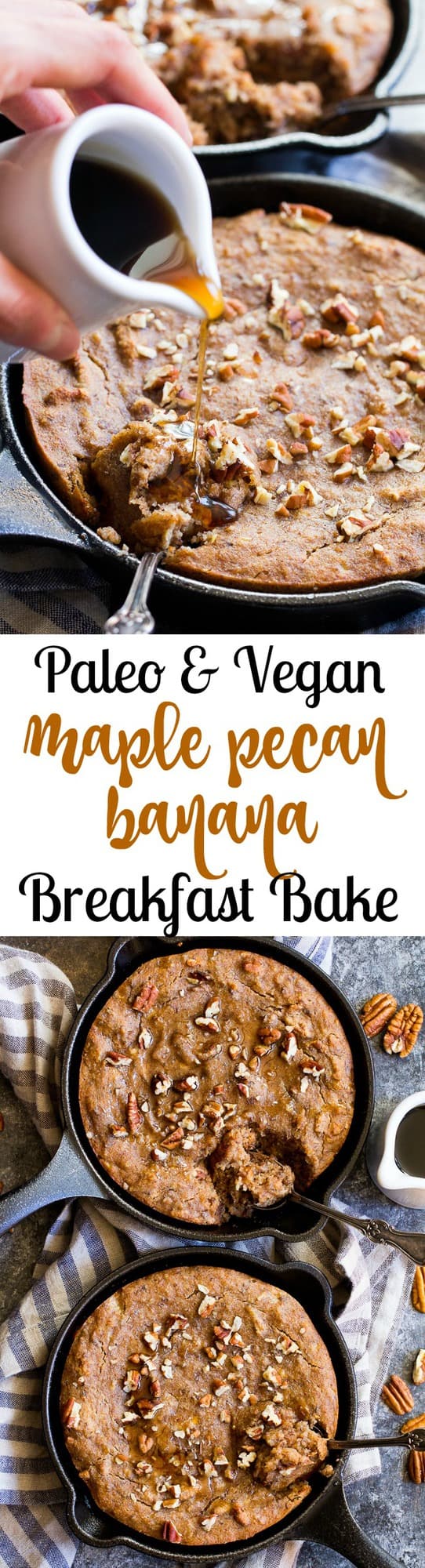 This healthy paleo and vegan banana breakfast bake is loaded with maple flavor, cinnamon and hearty pecans for a sweet satisfying breakfast treat.  Gluten free, dairy free, egg free, refined sugar free, oil free and kid approved!