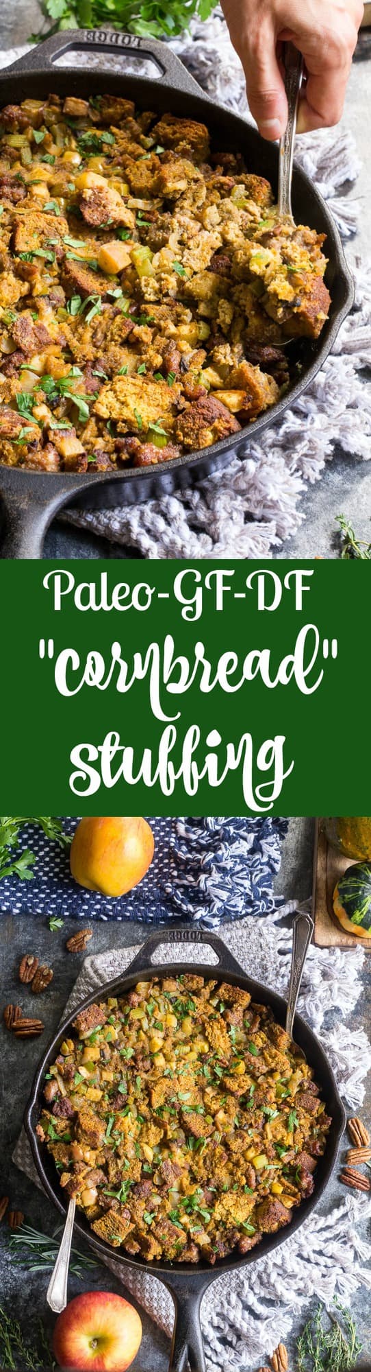 This savory and sweet "cornbread" Paleo Thanksgiving Stuffing is for all of you who want to keep with clean but still crave some bread in your stuffing!  A grain-free, dairy-free sweet potato bread is cubed and baked with sausage, apples, celery and onion, mushrooms, pecans and herbs for a delicious, filling and healthy Thanksgiving stuffing reminiscent of the classic.