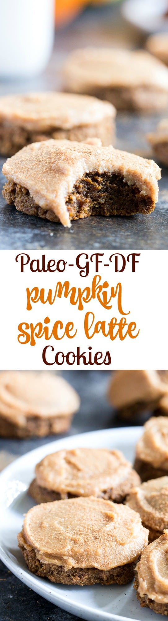 These Paleo Pumpkin Spice Latte Cookies have lots of sweet spice and are topped with a maple cinnamon cashew "cream cheese" frosting! Soft and chewy, gluten-free, dairy-free, vegan option