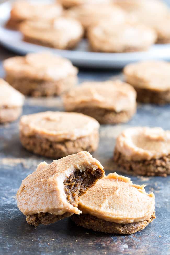 These Paleo Pumpkin Spice Latte Cookies have lots of sweet spice and are topped with a maple cinnamon cashew "cream cheese" frosting! Soft and chewy, gluten-free, dairy-free, vegan option