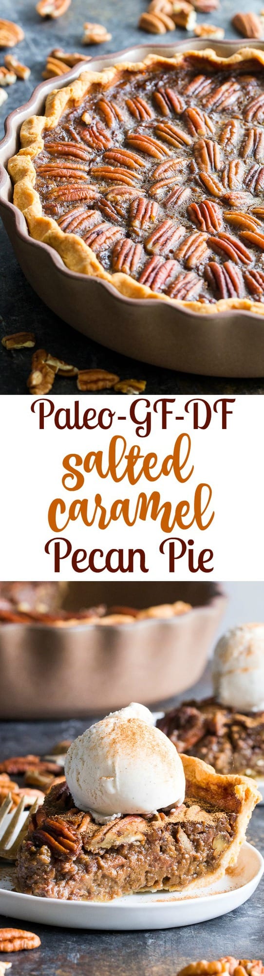 This salted caramel pecan pie is made with an easy dairy free salted caramel sauce and flaky grain free pastry crust (with a dairy-free option) for a rich gooey and sweet paleo dessert for the holidays or any special occasion!  