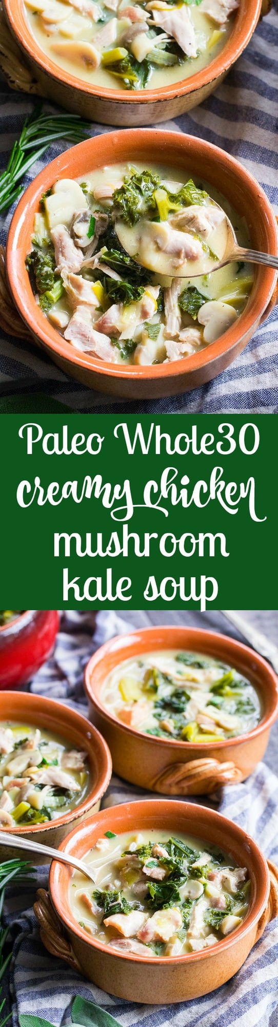 This Creamy Paleo Chicken Soup is cozy, comforting, and loaded with veggies and flavor!  Mushrooms, garlic, leeks, kale and chicken in a creamy dairy free, paleo, and Whole30 soup that's filling and healthy.  Quick and easy to make for weeknight dinners, too!
