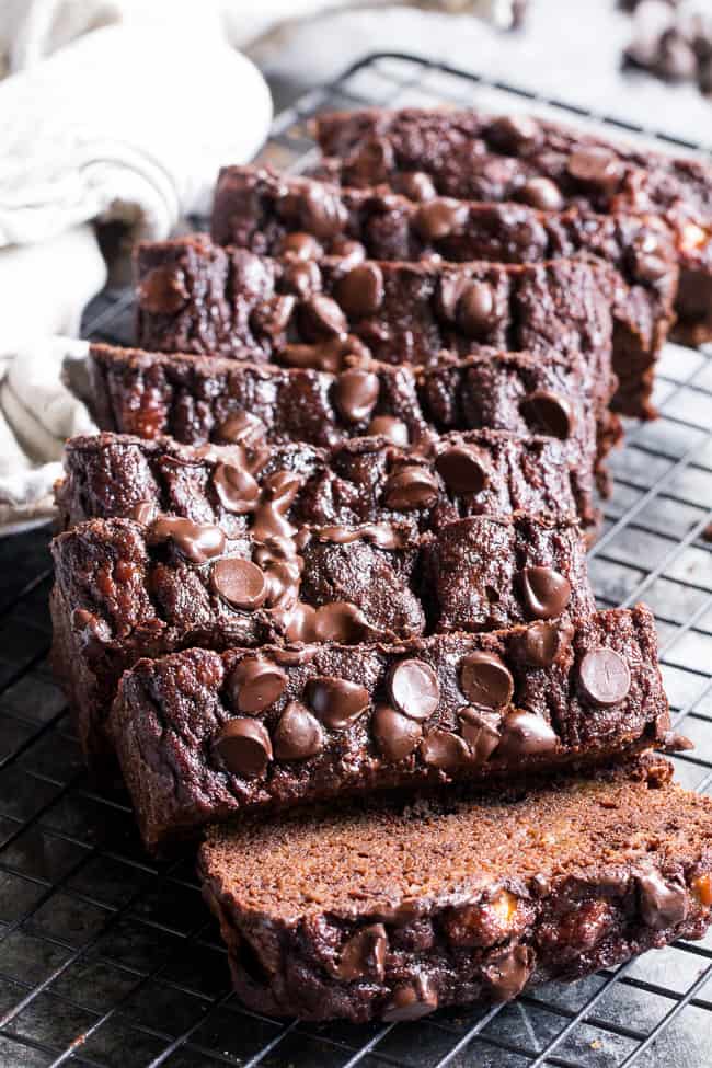 This moist and tender double chocolate banana bread tastes as good as chocolate cake, but it's so much healthier!  Made with coconut flour and raw cacao powder, it's paleo, nut free, gluten-free, dairy-free, family and kid approved! Great for snacks, breakfast or a healthy dessert!