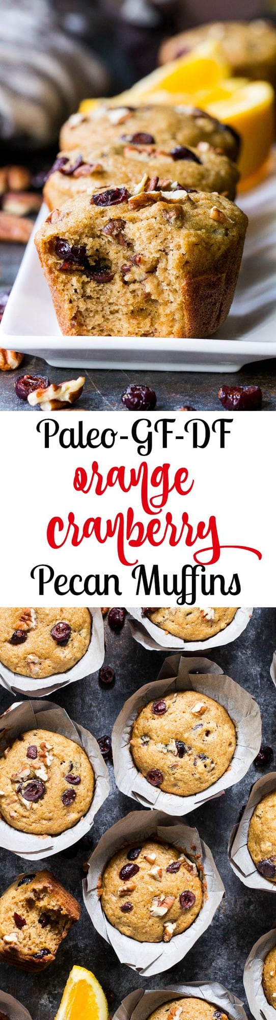 These soft, moist, and flavorful paleo cranberry orange muffins are studded with pecans and spiced just right! Great for the holidays or year round, these muffins are kid approved, gluten free, dairy free, and refined sugar free.