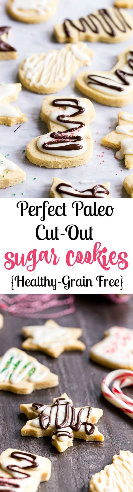 These easy cut-out Paleo Sugar Cookies are made with almond and coconut flour and sweetened with honey.  The perfect sugar cookies for the holidays that no one will guess are Paleo.  Grain free, refined sugar free, kid approved!
