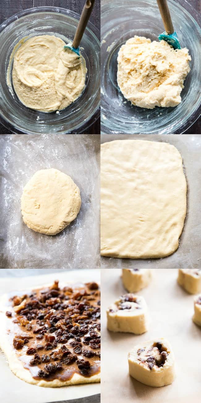 images of cinnamon rolls being prepared step by step from mixing dough to baking