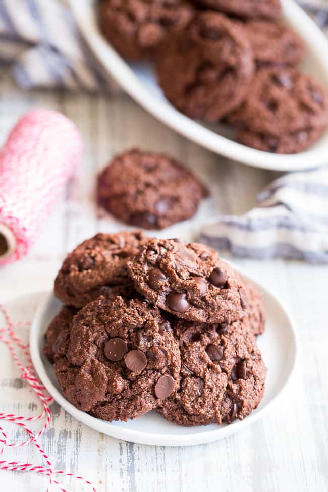 These thick and chewy double chocolate chip cookies are easy to make, packed with chocolate and made with real-food ingredients.  They're dairy-free, gluten-free, paleo, vegan, egg free and family approved!  