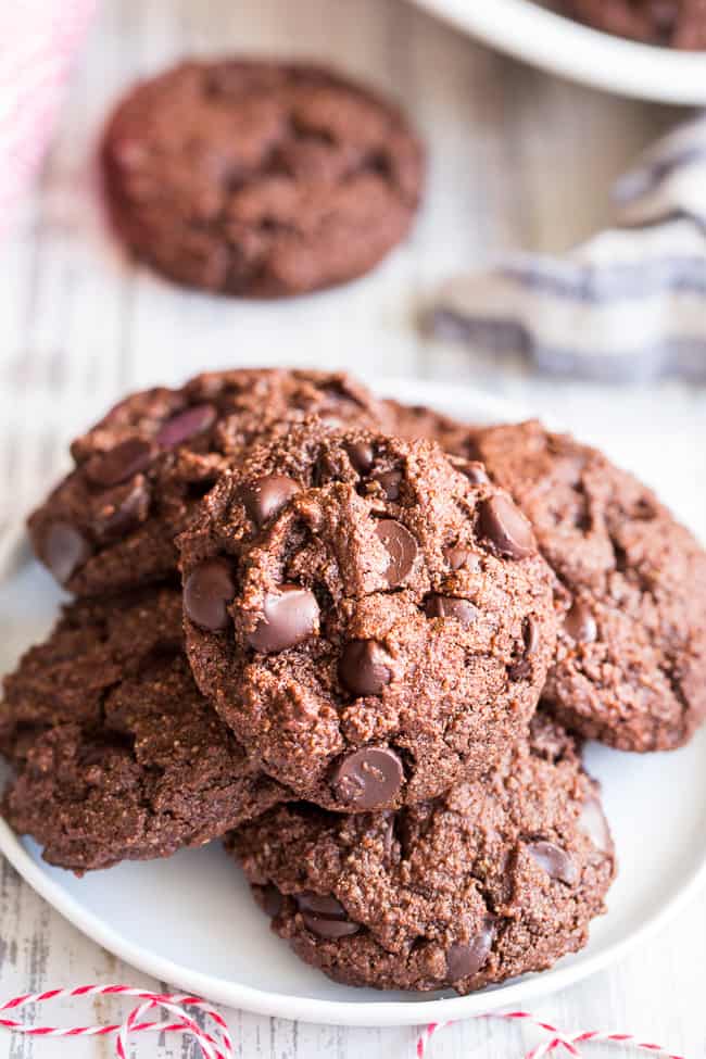 These thick and chewy double chocolate chip cookies are easy to make, packed with chocolate and made with real-food ingredients.  They're dairy-free, gluten-free, paleo, vegan, egg free and family approved!  