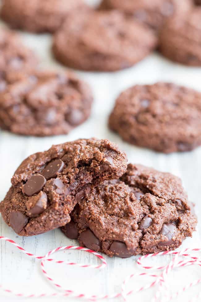 These thick and chewy double chocolate chip cookies are easy to make, packed with chocolate and made with real-food ingredients.  They're dairy-free, gluten-free, paleo, vegan, egg free and family approved!  