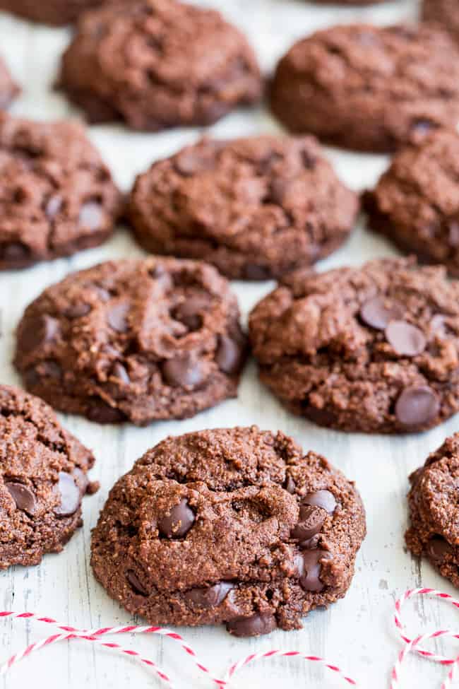 These thick and chewy double chocolate chip cookies are easy to make, packed with chocolate and made with real-food ingredients.  They're dairy-free, gluten-free, paleo, vegan, egg free and family approved!  