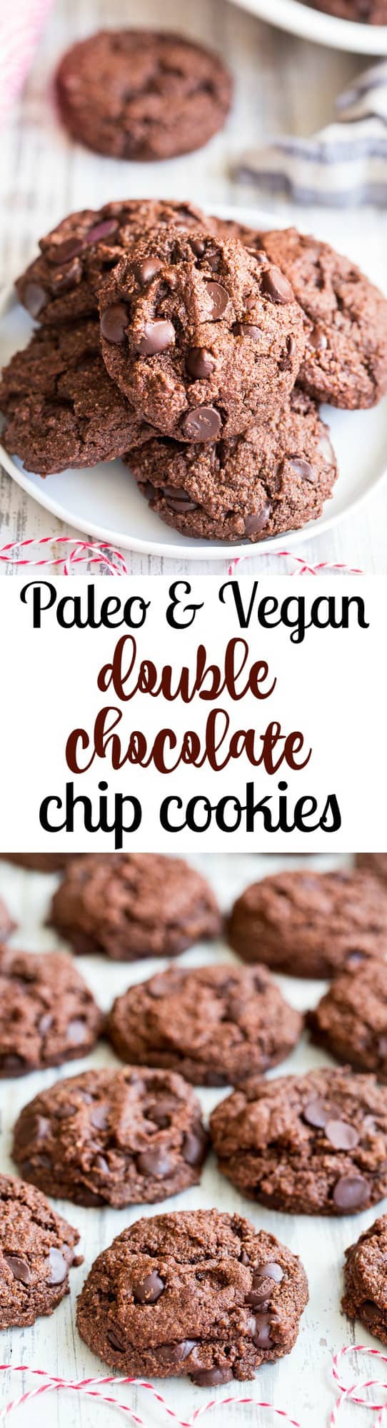 These thick and chewy double chocolate chip cookies are easy to make, packed with chocolate and made with real-food ingredients.  They're dairy-free, gluten-free, paleo, vegan, egg free and family approved!  