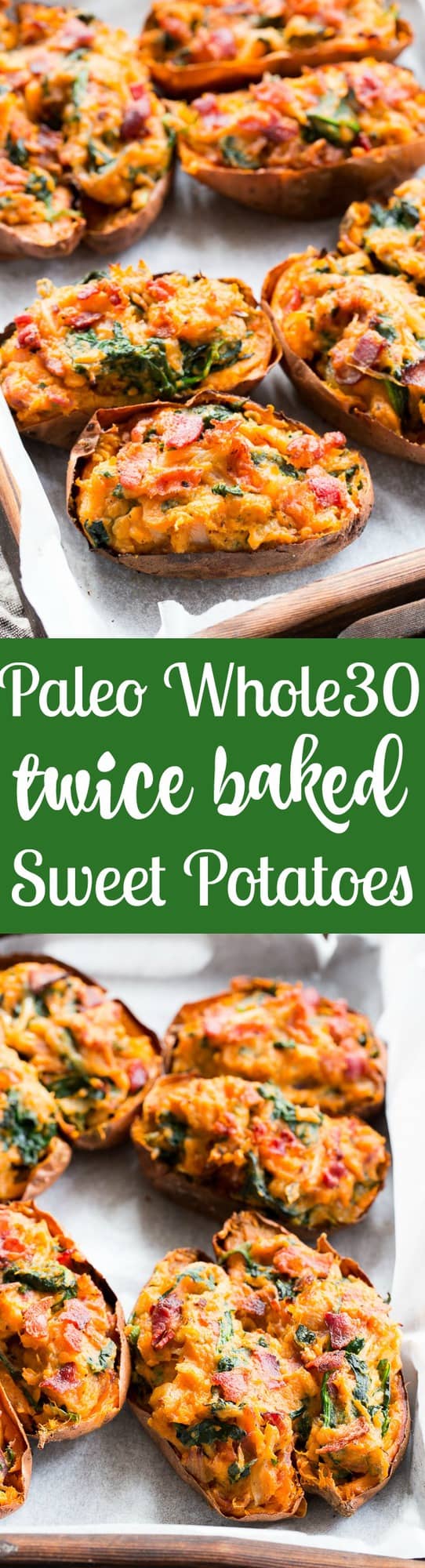 These twice baked sweet potatoes can be served as a healthy meal or side dish - your choice!  They're packed with a savory mixture of caramelized onions, spinach and bacon and baked to perfection.  They're family approved, Paleo, Whole30 compliant, and dairy-free.  