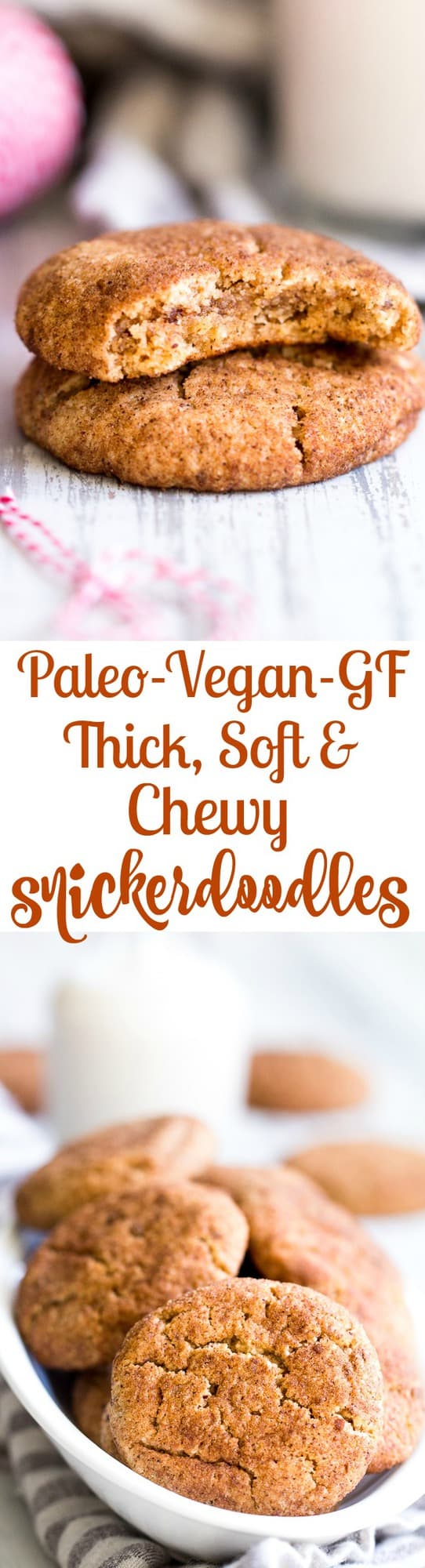 These super chewy, thick and soft paleo and vegan snickerdoodles are deliciously addicting, kid approved, and great for holiday cookie season or anytime a craving hits!  Dairy free, egg free, grain free, gluten free, paleo and vegan. 