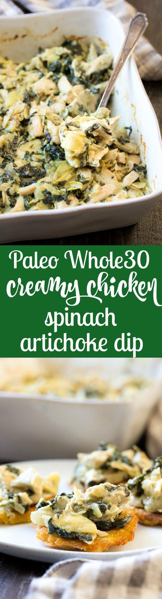 This creamy hot spinach artichoke dip has shredded chicken for extra protein, so you can easily make it part of a healthy paleo or Whole30 meal!  Perfect with veggies, over a baked potato or with sweet potato toast.  Dairy free, paleo, Whole30 compliant, low carb and keto friendly.