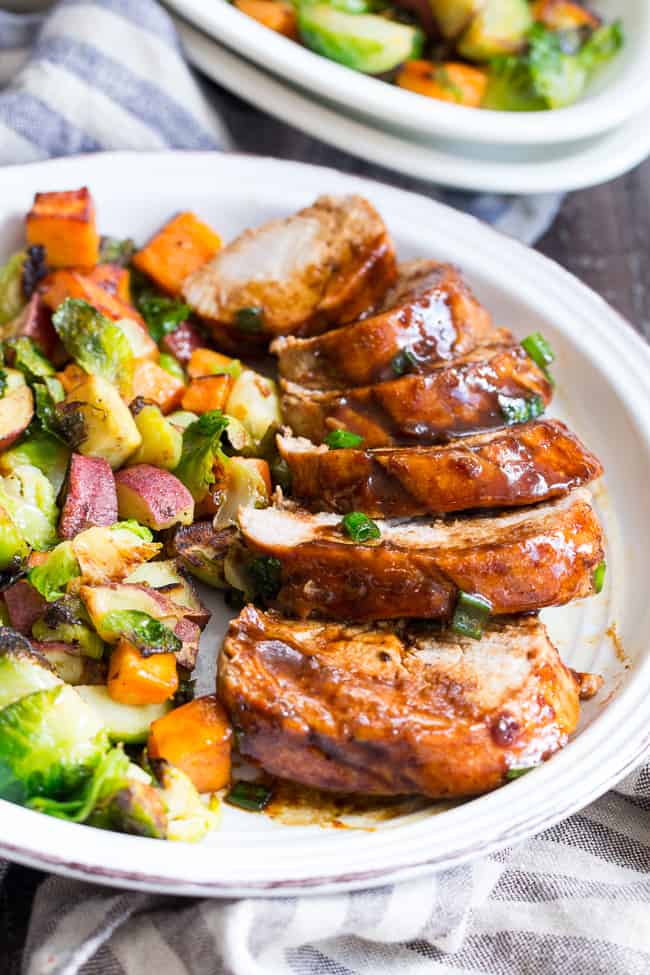 This paleo Pork Tenderloin takes just 30 minutes from start to finish and is perfect for weeknight dinners!  Cooked all in one pan with a Whole30 friendly teriyaki sauce that's kid approved and goes perfectly with cauliflower rice or your favorite veggie side dish. 