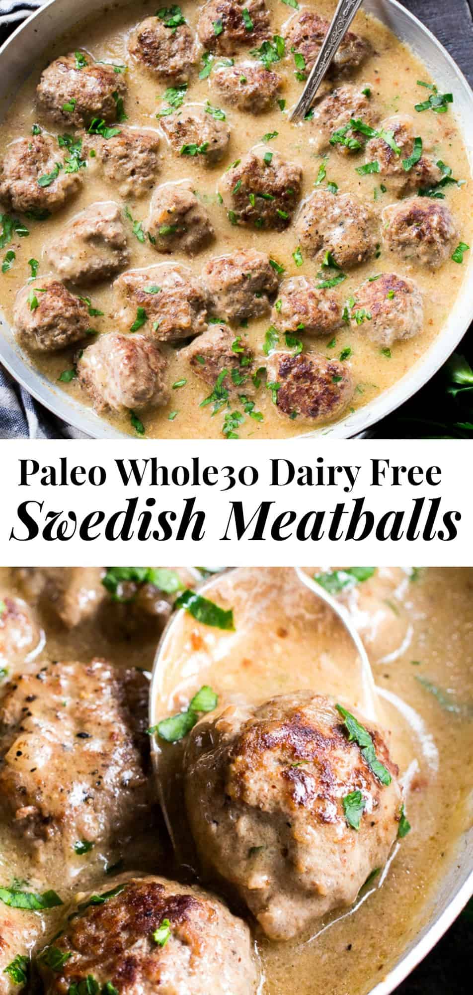 These Paleo Swedish meatballs in a creamy gravy, with dairy-free, Whole30 friendly mashed potatoes are pure comfort food for cold nights.  Made with real-food ingredients, gluten-free, dairy-free, family approved and the meatballs are made in one skillet! #whole30 #paleo #cleaneating 