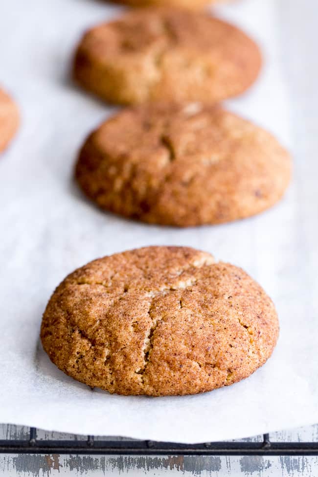 These super chewy, thick and soft paleo and vegan snickerdoodles are deliciously addicting, kid approved, and great for holiday cookie season or anytime a craving hits!  Dairy free, egg free, grain free, gluten free, paleo and vegan. 