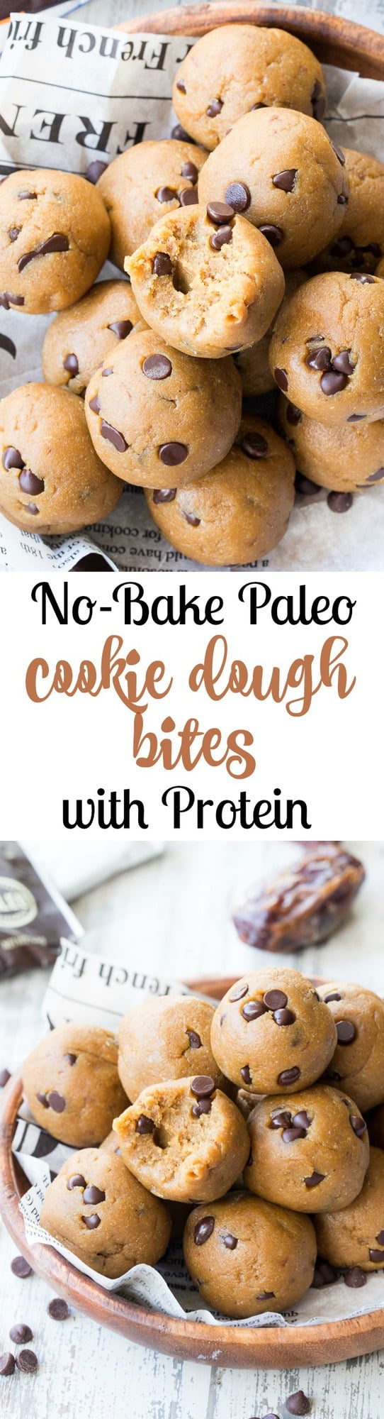 These tasty no-bake Paleo cookie dough bites are made with real-food ingredients, sweetened with dates and bananas and pack a punch of Paleo friendly protein along with the taste and texture of chocolate chip cookie dough!